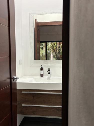 a bathroom with a white sink and a mirror at Luxury Riverfront House 3BR BBQ Jungle views & walk to river in Parrita
