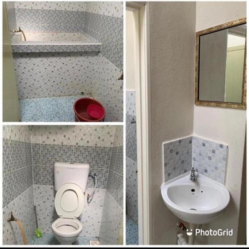 three pictures of a bathroom with a toilet and a sink at Homestay kampung dusun in Balik Pulau