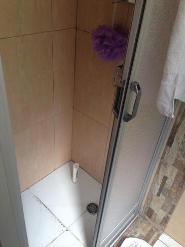 a shower with a glass door next to a toilet at Edificio Foch in Quito