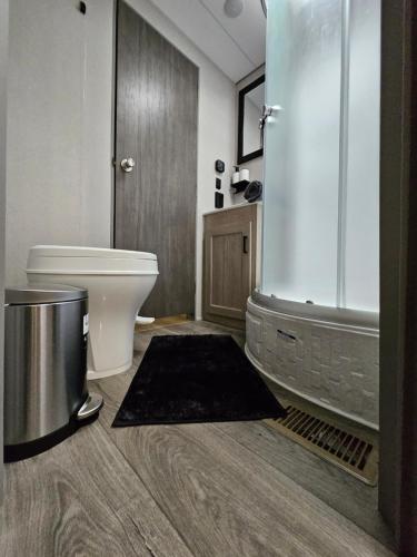 a bathroom with a white toilet and a shower at Pilot Glamp in Vieques