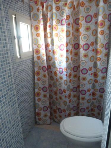 a bathroom with a toilet and a shower curtain at Otranto Vacanza Facile - Via San Francesco Da Paola in Otranto