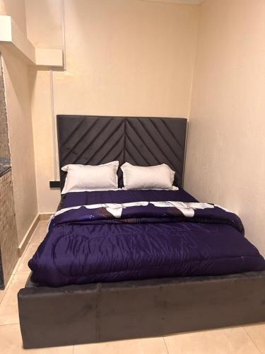 a large bed with a purple comforter and pillows at Studio with Sauna & Massage in Kampala