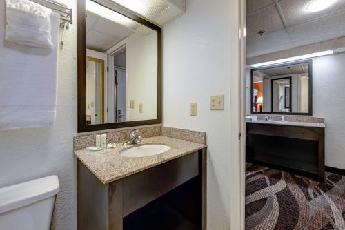 a bathroom with a sink and a toilet and a mirror at Quality Inn Creekside - Downtown Gatlinburg in Gatlinburg