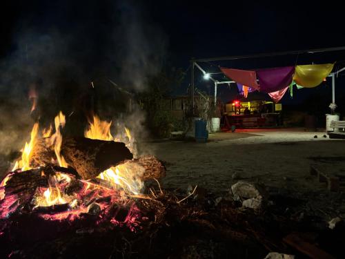 a bonfire in a field at night with smoke at חאן הכנסת אורחים B''H village שומר שבת in Nevatim