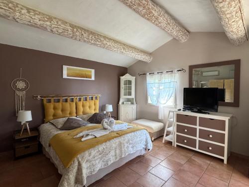 a bedroom with a bed and a television in it at Appel du Luberon in Mérindol
