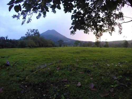 a green field with a mountain in the background at Paradise Hot Springs - Thermal Water & Volcano Views in Fortuna