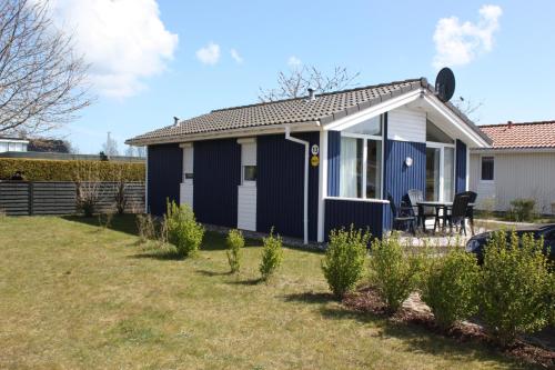 a blue and white cottage in a yard at Ferienhaus Strandpark 13 in Grömitz