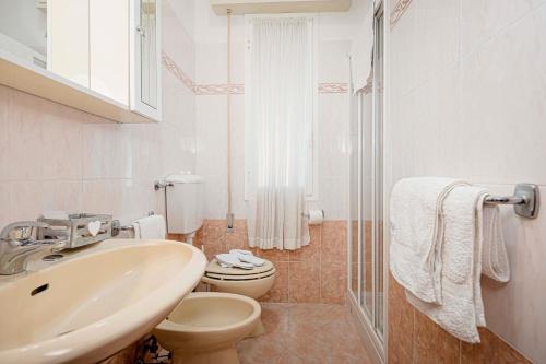 a bathroom with a sink and a toilet and a shower at Hotel Milena in Cervia
