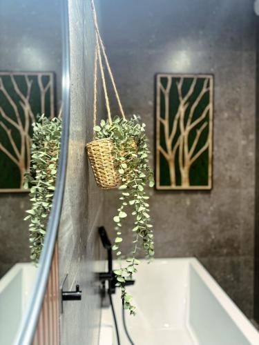 a bathroom with a bath tub with plants on the wall at Studio 102 Garden in Krakow