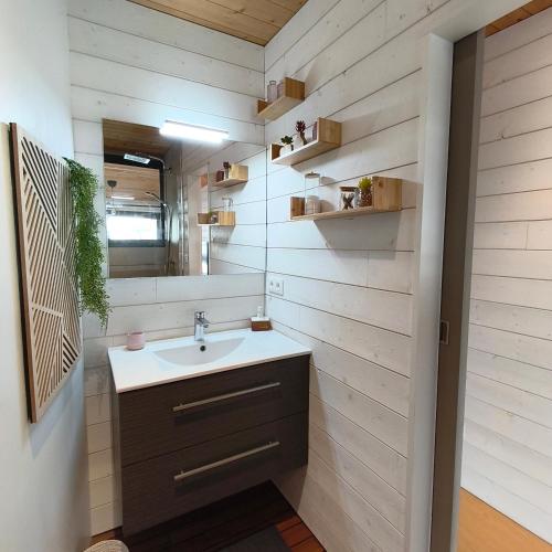 a bathroom with a sink and a mirror at Chambre Perchée avec vue imprenable sur le lac de Lacanau in Lacanau