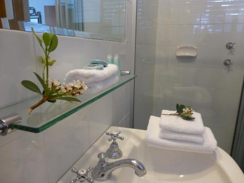 a bathroom with a sink with towels and a mirror at Park Ridge Retreat in Gerringong