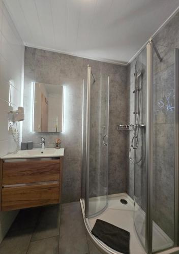 a bathroom with a shower and a sink at Ferienwohnungen Abendsonne - 8 Gehminuten zum EP in Rust