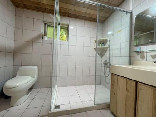 a bathroom with a toilet and a sink and a shower at Xiayun in Fuxing