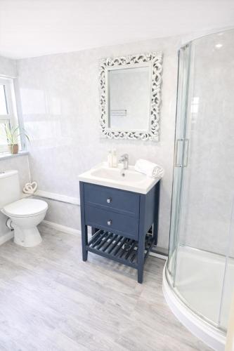 a bathroom with a sink and a toilet and a mirror at Seaside Cambois Apartment in Cambois
