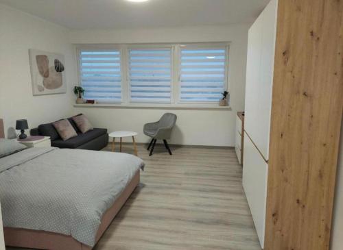 a bedroom with a bed and a couch and a window at Studio Apartman Tara in Daruvar