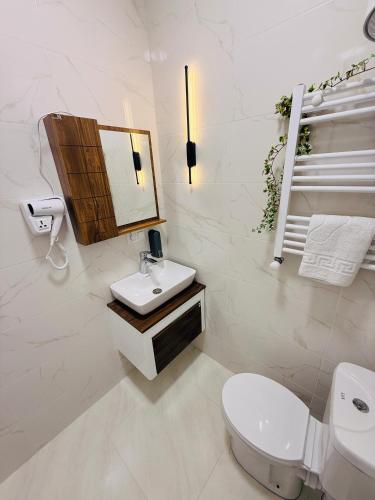 a white bathroom with a sink and a toilet at Loreta's Canyon Farmhouse in Martvili