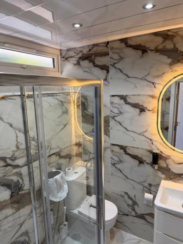 a bathroom with a shower and a toilet and a sink at west park hotel PVT ltd in Clydebank