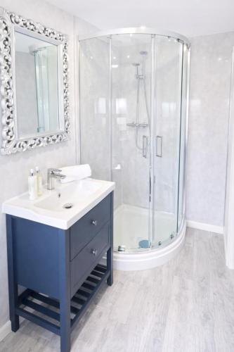 a bathroom with a sink and a shower at Seaside Cambois Apartment in Cambois