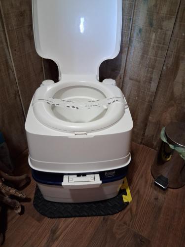 a white toilet with a chain on it in a bathroom at Cabin Dan in Great Malvern