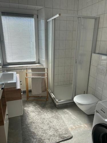 a bathroom with a shower and a toilet and a sink at Mary's Wohlfühlapartment in Landeck