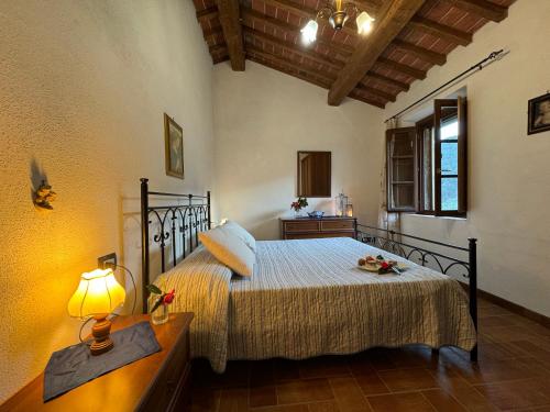 a bedroom with a bed and a table and a lamp at Podere di Mero Casolare in Buti