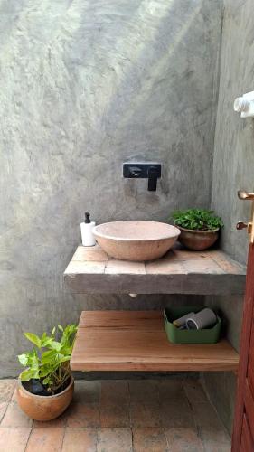 a bathroom with a bowl sink and two potted plants at Dhow Blue * Tofo Beach in Praia do Tofo