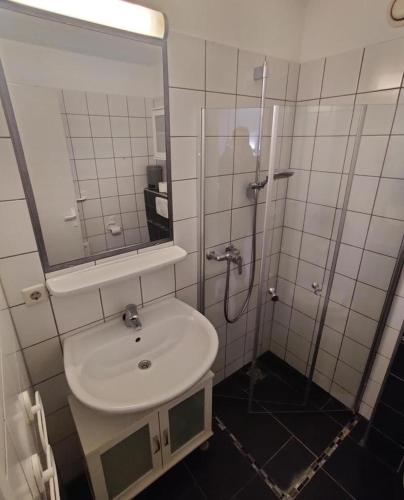 a bathroom with a sink and a shower with a mirror at "Tossens Ahoi" in Tossenserdeich