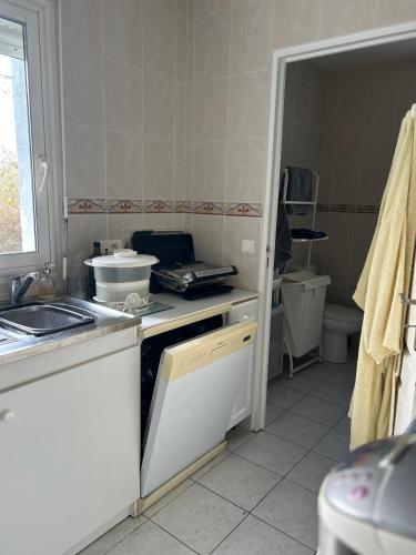 a kitchen with a stove and a sink and a counter at Oxygène in Lasseube