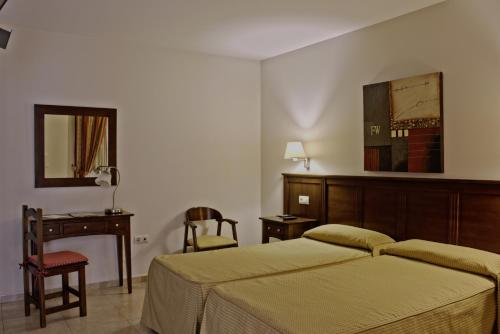 een slaapkamer met een bed, een bureau en een spiegel bij Hostal Carmen in Zafra