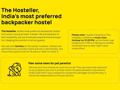 a yellow sign that reads the hostetter indias most preferred backpacker hospital at The Hosteller Lansdowne in Lansdowne
