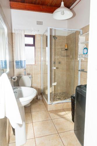 a bathroom with a shower and a sink and a toilet at Whitehouse- Hot Tub in Elands Bay