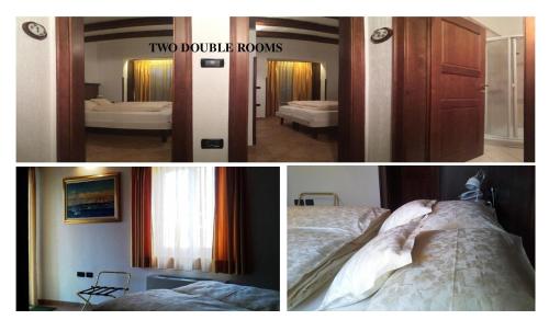 two pictures of a hotel room with two double bedrooms at Apartments Villa Marittima in Izola