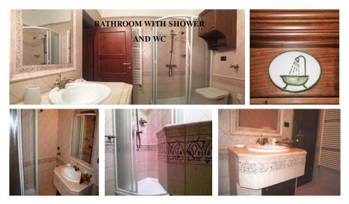 a collage of four pictures of a bathroom with shower at Apartments Villa Marittima in Izola