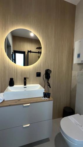a bathroom with a white sink and a mirror at Stodoły pod Łysą Górą in Huta Szklana