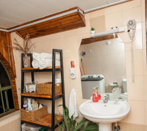 a bathroom with a sink and a toilet and a shelf at Kendi Stays - Rustic Penthouse Attic in Eldoret