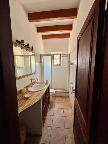 a bathroom with a sink and a toilet at Finca Es Puig, rustic estate with views in Es Carritxo
