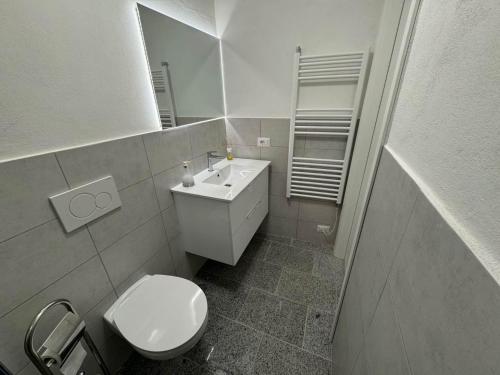 a bathroom with a white toilet and a sink at Casa Ronco al lago in Pella
