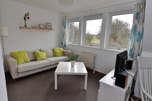 a living room with a couch and a tv at Schwedenhaus Westensee 2 OG in Groß Vollstedt