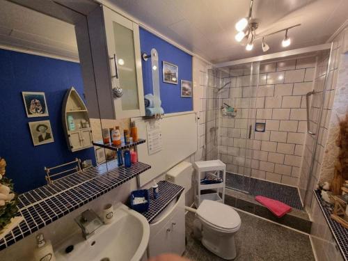 a bathroom with a toilet and a tub and a sink at Sonnenhaus in Neuenkirchen