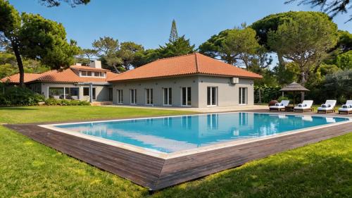 a swimming pool in the yard of a house at The Olive Villa Cascais Vive el lujo sereno entre pinares junto al Atlántico 5 minutos de la playa andando in Cascais