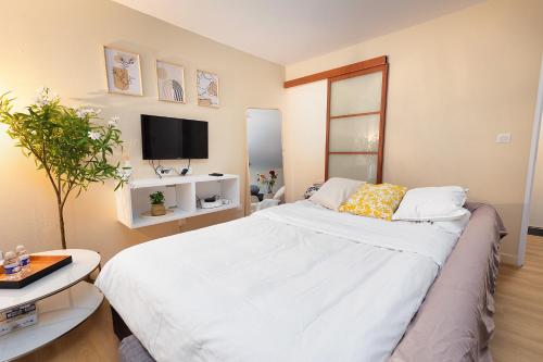 a bedroom with a large white bed and a tv at Le Marnois-Gare in Noisy-le-Grand