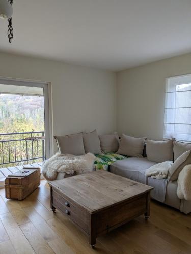 a living room with a couch and a coffee table at le chalet des remparts in Aywaille