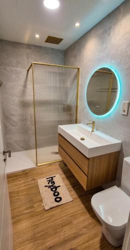 a bathroom with a sink and a toilet and a mirror at Las Casitas del Canal Acueducto in Segovia