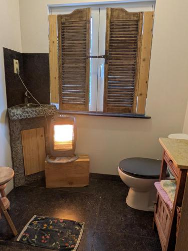a bathroom with a toilet and a window with shutters at le chalet des remparts in Aywaille