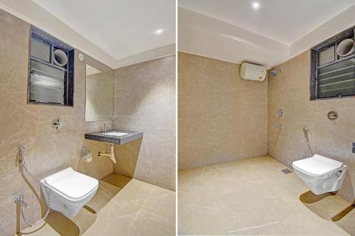 two pictures of a bathroom with a toilet and a window at FabHotel New Moshi Grrand in Pune
