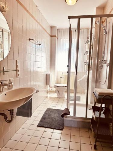a bathroom with a shower and a sink and a toilet at Ferienwohnungen Weingut Kilburg in Brauneberg