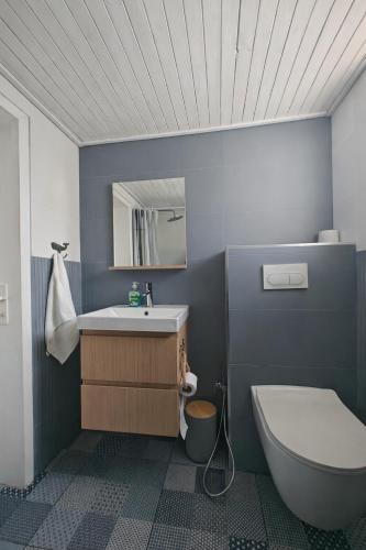 a blue bathroom with a sink and a toilet at Villa Magnet in Lozenets