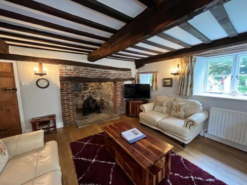 a living room with a couch and a fireplace at Ivy Cottage in West Lulworth