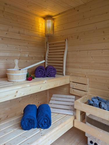 a sauna with blue towels in a wooden cabin at Landhaus Freche Socke in Buchhorst