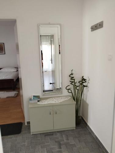 a bathroom with a mirror on top of a dresser at Apartmani Ljubica in Selce